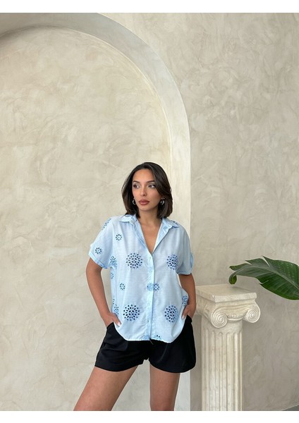 Brode Nakış Detay Delikli Kısa Kollu Pamuk Gömlek modelleri