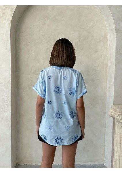 Brode Nakış Detay Delikli Kısa Kollu Pamuk Gömlek indirimleri