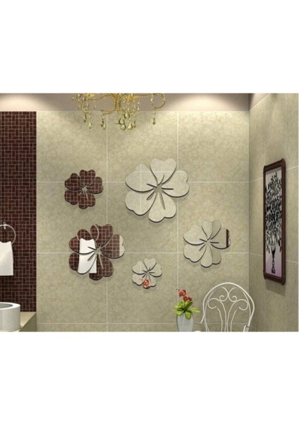 Çiçek Desenli Pleksi Ayna Seti, 5 Parça, Modern Dekorasyon Öğesi