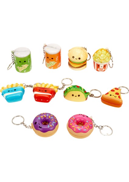 10'lu Mini Squishy Oyuncak Seti – Yumuşak Sukuşi Anahtarlık Kek Donut Hamburger Patates Figürlü