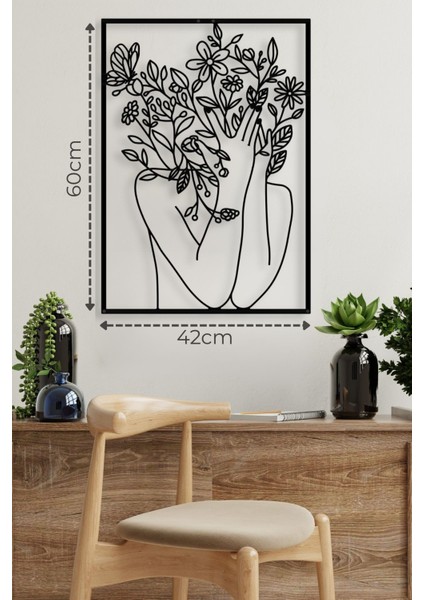Şık Siyah Metal Çiçekli Kadın Duvar Tablosu 42X60CM