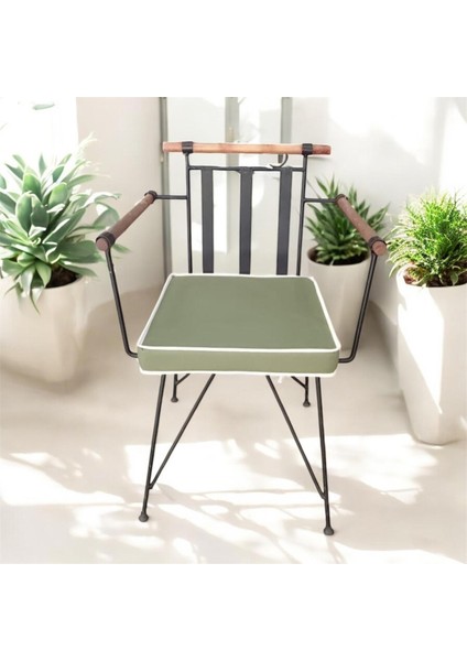 40X40 Yeşil Su ve Leke Itici Fermuarlı Bağcıklı Krem Biyeli Sandalye Minderi 5 cm