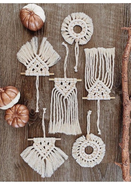 Altı Parçalı Ekru Makrome Duvar Dekoru Seti, Şık ve Sıcak Atmosfer Için.