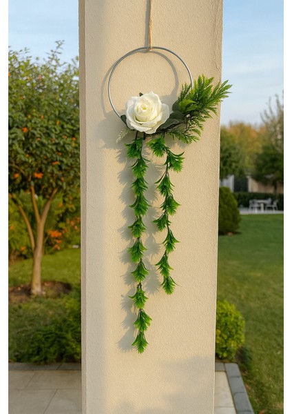 El Yapımı Demir Kasnak Bohem Duvar Süsü, Yapay Çiçekli, Jüt Ipli, Balkon ve Dekor