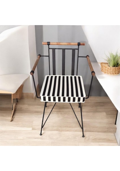 40X40 Siyah Beyaz Çizgili Su ve Leke Itici Fermuarlı Bağcıklı Beyaz Biyeli Sandalye Minderi 5 cm