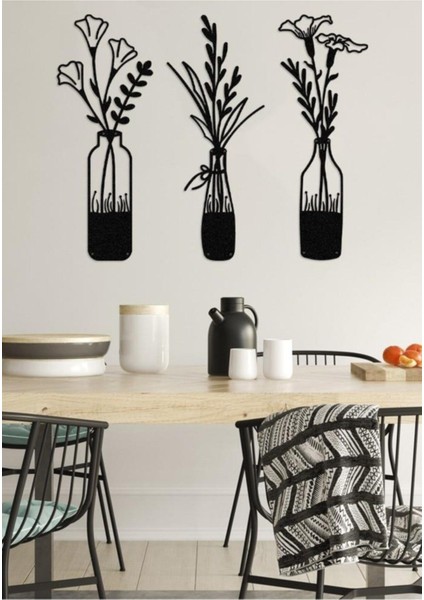 Siyah Metal Duvar Tablosu Bahar Çiçekleri 22X56CM, 3'lü Set