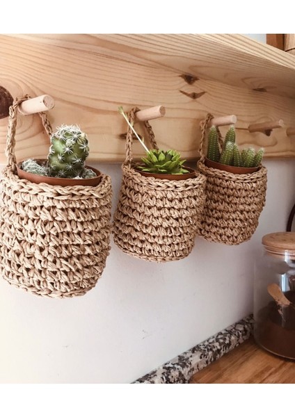 3'lü Çok Amaçlı Düzenleyici Sepet, 8 Cm, Kahverengi, Kaktüs Saksı, Çiçeklik