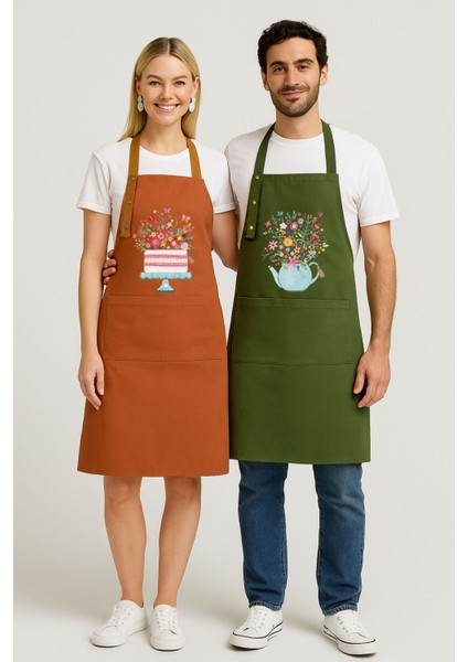 Çiçekli ve Demlik Desenli Mutfak Önlüğü Seti 2'li, Su Itici, Leke Tutmaz, Kumaş Haki