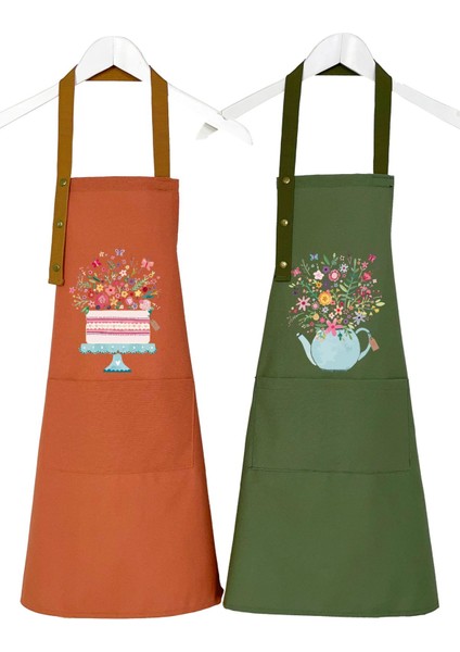 Çiçekli ve Demlik Desenli Mutfak Önlüğü Seti 2'li, Su Itici, Leke Tutmaz, Kumaş Haki fiyatları