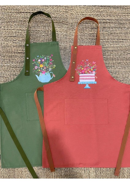 Çiçekli ve Demlik Desenli Mutfak Önlüğü Seti 2'li, Su Itici, Leke Tutmaz, Kumaş Haki modelleri
