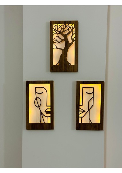 Ahşap Bohem Yüzlü Ledli 3'lü Tablo, Içerik Dahil, Şık ve Sıcak Atmosfer Sağlar