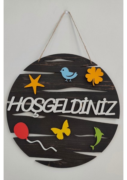 Hoşgeldiniz Yazılı Yuvarlak Mdf Lazer Kesim Kapı ve Duvar Süsü - Rebap Ahşap