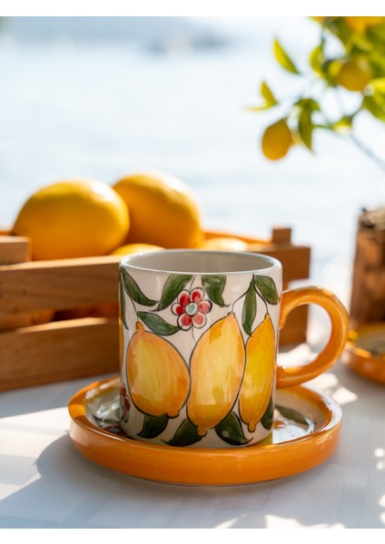 El Yapımı Limon Desenli Seramik Kahve Fincanı Kupası