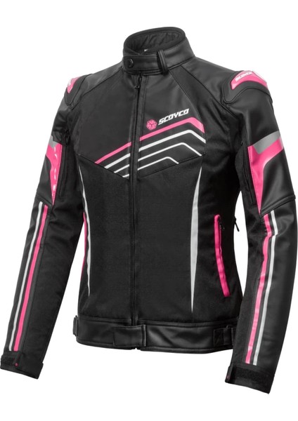 JK153W Kadın 4 Mevsim Motosiklet Montu - Siyah/pembe, Ce Onaylı Koruma, Reflektörlü
