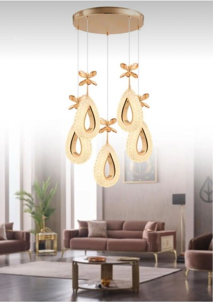 Damla Model 5'li Gold 3 Renk Modu Ledli Kristal Taşlı Modern Salon Mutfak Oturma Odası LED Avize