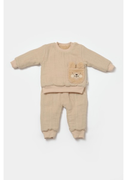 Unisex Bebek Pamuklu Açık Bej Müslin Polar Astarlı Takım – Ayıcık Cepli Sweatshirt & Eşofman Altı