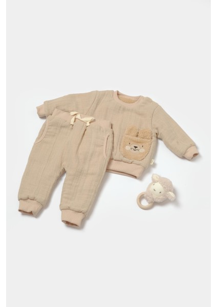 Unisex Bebek Pamuklu Açık Bej Müslin Polar Astarlı Takım – Ayıcık Cepli Sweatshirt & Eşofman Altı fiyatları