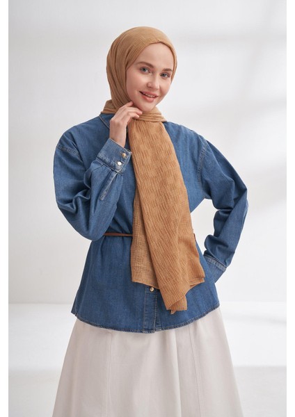 Müslin Dama Desen Şal - Koyu Bej