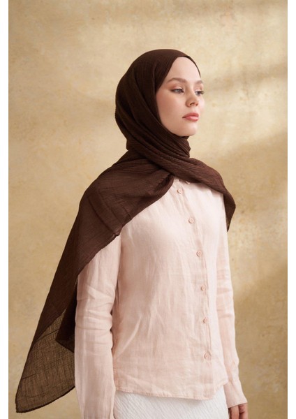 Müslin Yaprak Desen Şal - Acı Kahve