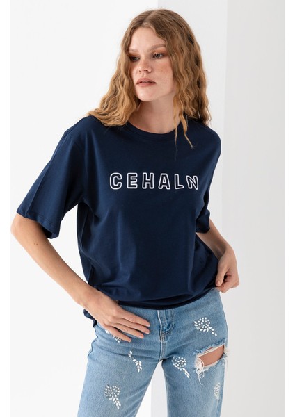 Kadın Bisiklet Yaka Cehaln Baskılı Pamuklu T-Shirt Lacivert - 925015