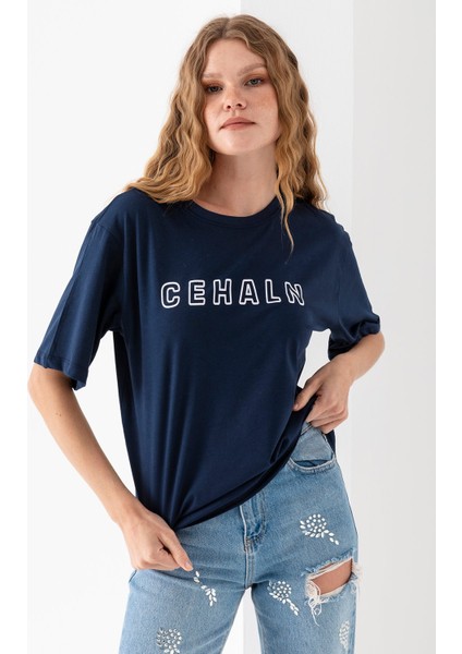 Kadın Bisiklet Yaka Cehaln Baskılı Pamuklu T-Shirt Lacivert - 925015 fiyatları