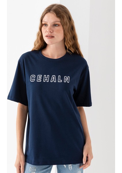 Kadın Bisiklet Yaka Cehaln Baskılı Pamuklu T-Shirt Lacivert - 925015 fırsatları