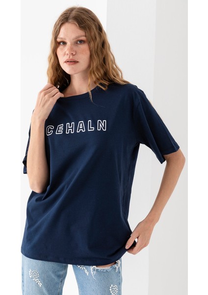 Kadın Bisiklet Yaka Cehaln Baskılı Pamuklu T-Shirt Lacivert - 925015 indirimleri