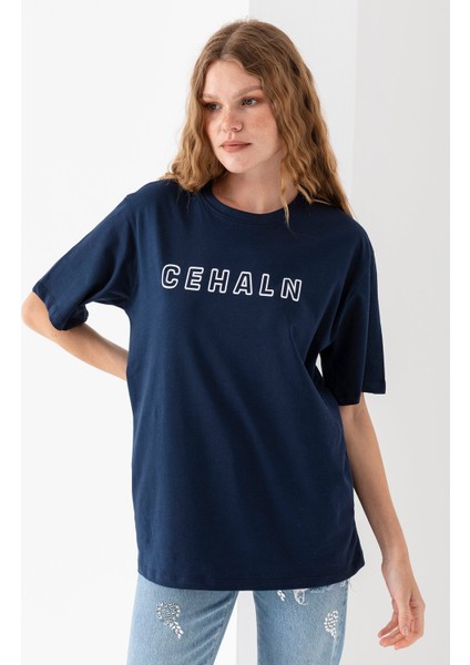 Kadın Bisiklet Yaka Cehaln Baskılı Pamuklu T-Shirt Lacivert - 925015