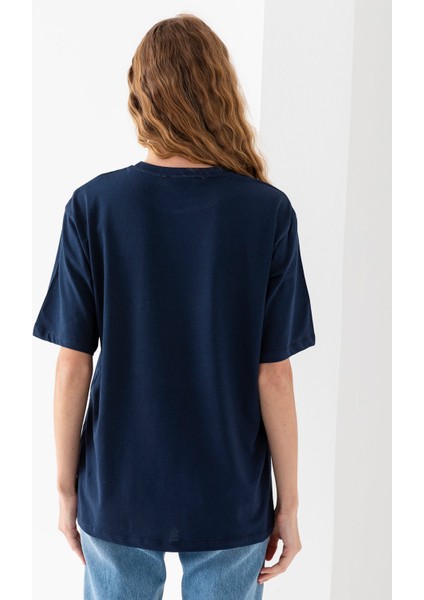 Kadın Bisiklet Yaka Cehaln Baskılı Pamuklu T-Shirt Lacivert - 925015