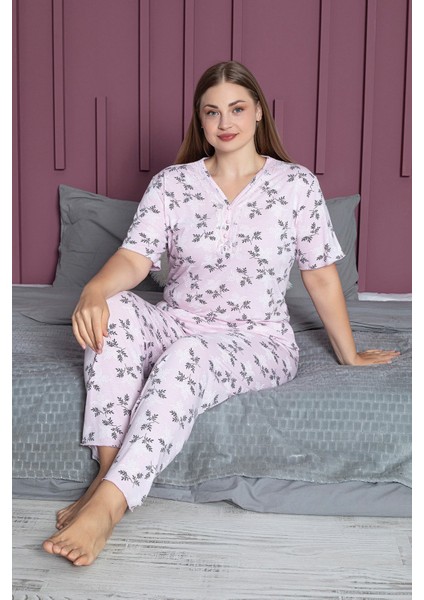 Yaprak Desenli Büyük Beden V Yaka Pijama Takımı