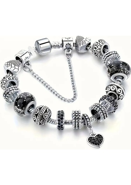 Pandora Tarz,kalp Aşk Temalı Siyah Charm Bileklik, Ahşap Kutu Içerisinde