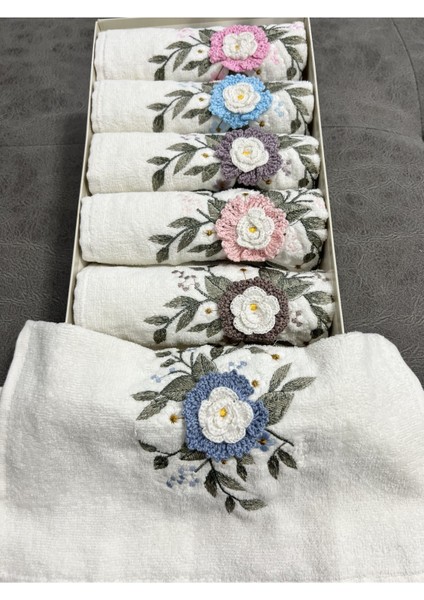 6'lı 3D El Işleme Çiçek Desenli Kutulu Mutfak Havlu Seti 30X50