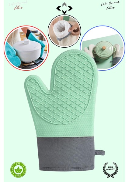 Yeşil %100 Silikon Fırın Eldiveni, Isıya Dayanıklı ve Yapışmaz Mutfak Eldiveni