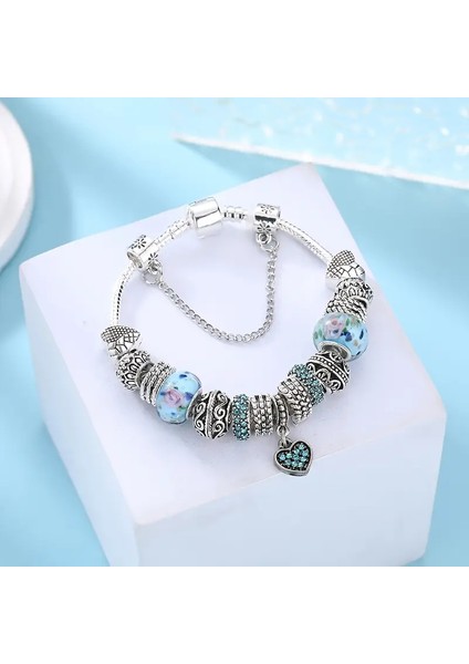 Pandora Tarz, Trend Kalp Aşk Temalı Mavi Charm Bileklik, Ahşap Kutu Içerisinde fiyatları