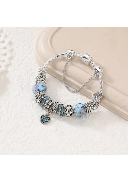 Pandora Tarz, Trend Kalp Aşk Temalı Mavi Charm Bileklik, Ahşap Kutu Içerisinde fırsatları