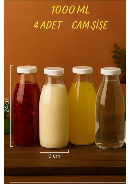 4 Adet Beyaz Plastik Kapaklı Cam Şişe 1 Litre Şeffaf Sürahi Süt, Ayran, Su, Limonata Meşrubat Şişesi fiyatları