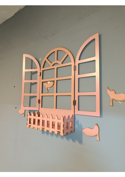 Pembe Pencere Temalı Ahşap Çiçeklik, Lazer Kesim, 3mm Duvar Süsü