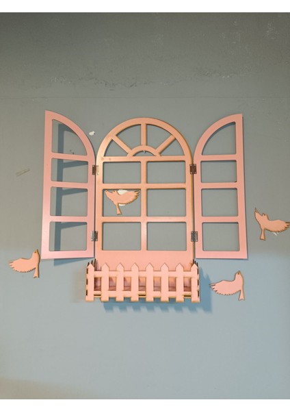 Pembe Pencere Temalı Ahşap Çiçeklik, Lazer Kesim, 3mm Duvar Süsü fiyatları