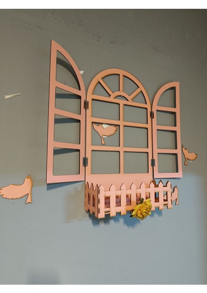 Pembe Pencere Temalı Ahşap Çiçeklik, Lazer Kesim, 3mm Duvar Süsü modelleri