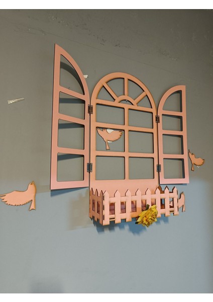 Pembe Pencere Temalı Ahşap Çiçeklik, Lazer Kesim, 3mm Duvar Süsü fırsatları