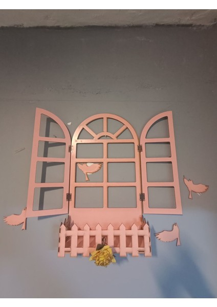 Pembe Pencere Temalı Ahşap Çiçeklik, Lazer Kesim, 3mm Duvar Süsü indirimleri
