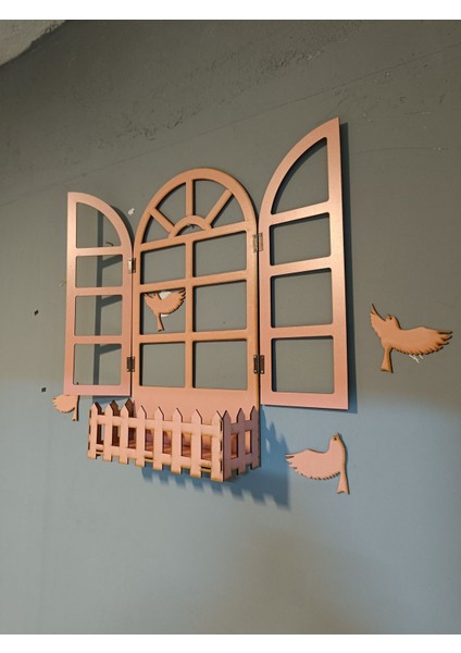 Pembe Pencere Temalı Ahşap Çiçeklik, Lazer Kesim, 3mm Duvar Süsü