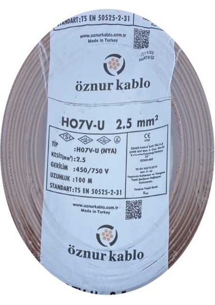 2.5mm Nya Kahverengi Yanmaz Bakır Tesisat Kablo (100M Fiyatıdır)