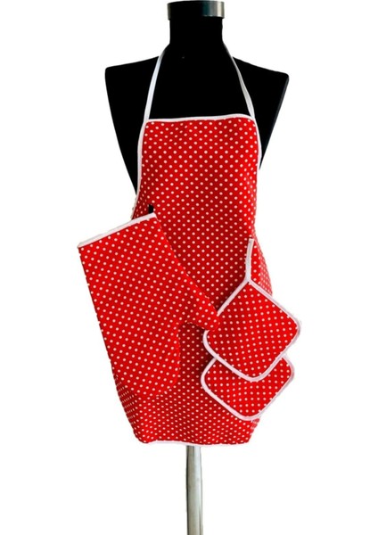3'lü Mutfak Seti: Su Isı Geçirmez Önlük, Eldiven ve Tutacak, Kırmızı