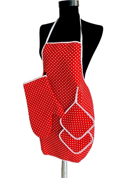 3'lü Mutfak Seti: Su Isı Geçirmez Önlük, Eldiven ve Tutacak, Kırmızı modelleri