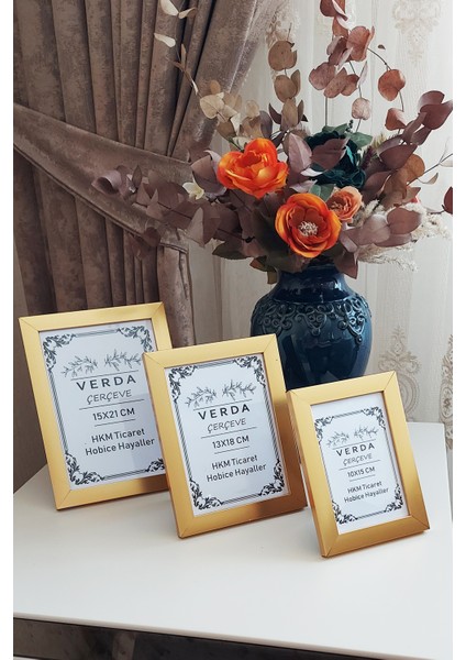 3 Lü Set! 10X15, 13X18 cm ve 15X21 cm Fotoğraf Çerçevesi!pvc Camlı Dekoratif Çerçeve! Gold Renk!