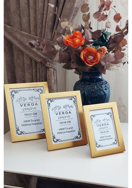 3 Lü Set! 10X15, 13X18 cm ve 15X21 cm Fotoğraf Çerçevesi!pvc Camlı Dekoratif Çerçeve! Gold Renk! modelleri