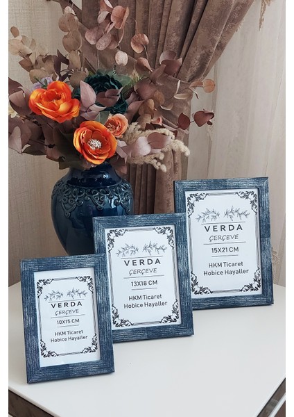 3 Lü Set! 10X15, 13X18 cm ve 15X21 cm Fotoğraf Çerçevesi! Ahşap Ayaklı Dekoratif Çerçeve! Mavi Renk!