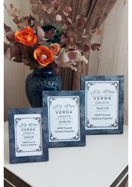 3 Lü Set! 10X15, 13X18 cm ve 15X21 cm Fotoğraf Çerçevesi! Ahşap Ayaklı Dekoratif Çerçeve! Mavi Renk! modelleri