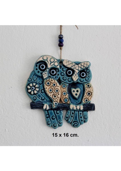 El Yapımı Seramik Baykuş ve Bayankuş Duvar Süsü, Balkon Dekoru, Mavi Renk